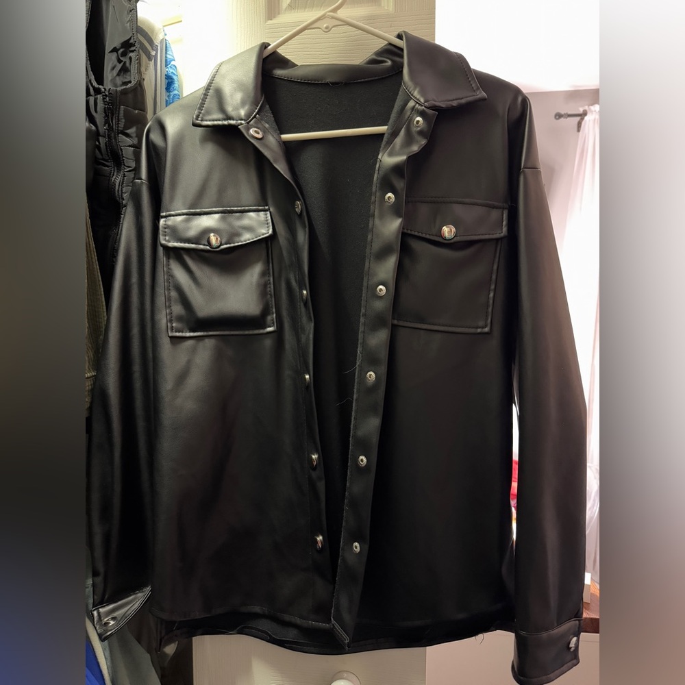 Black Faux Leather Button-Up Shirt
